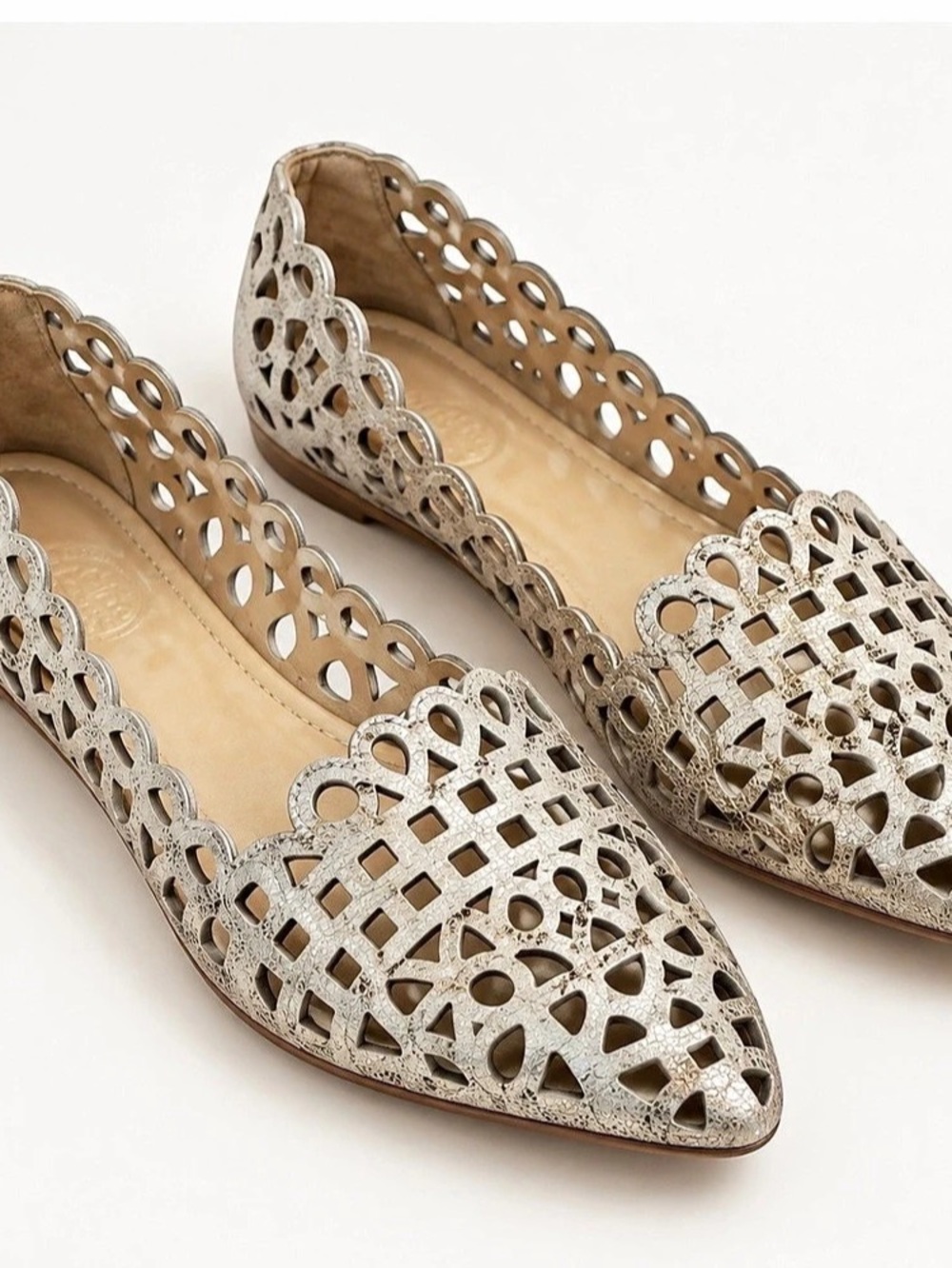 Tory BurchFiona Laser-Cut Smoking Slipper, Platinum Size 7